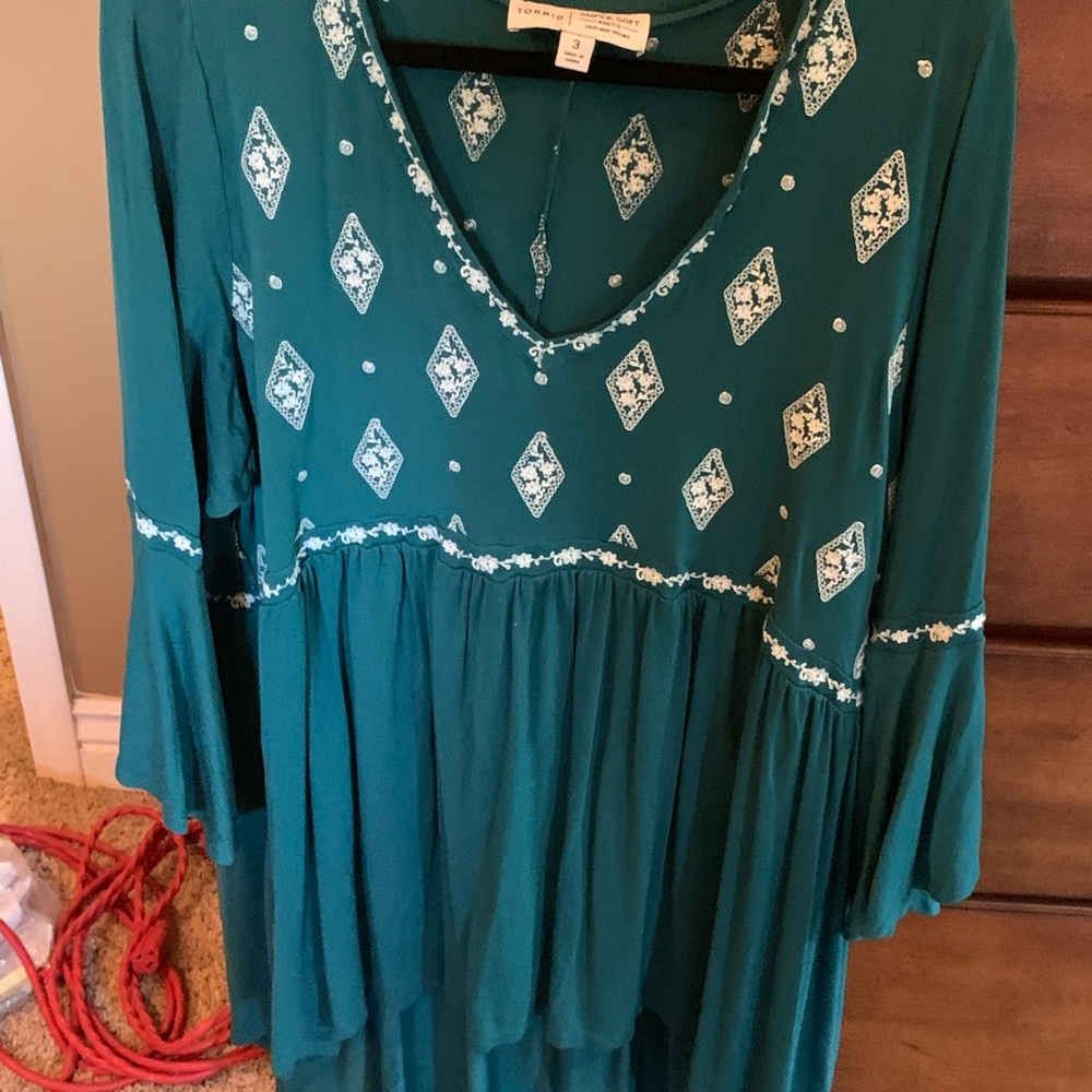Teal embroidered shirt with bell sleeves